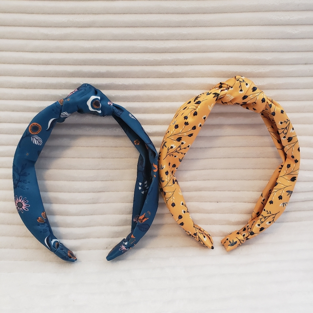 2 Satin Floral Headbands Blue Navy Yellow NWOT